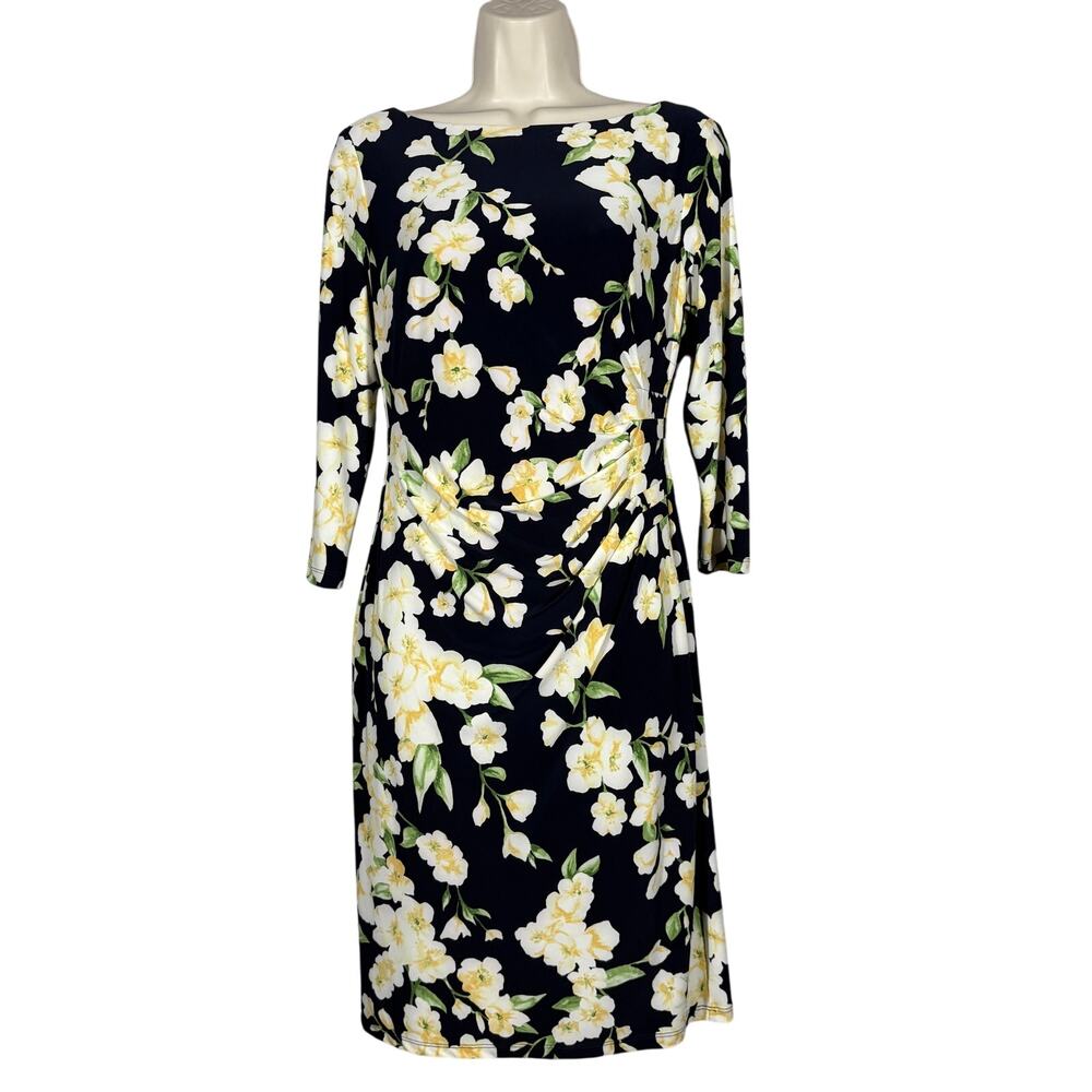 Lauren Polo Ralph Lauren Dress Side Drape 3/4 Sleeve Floral Print Boat Neck - 2